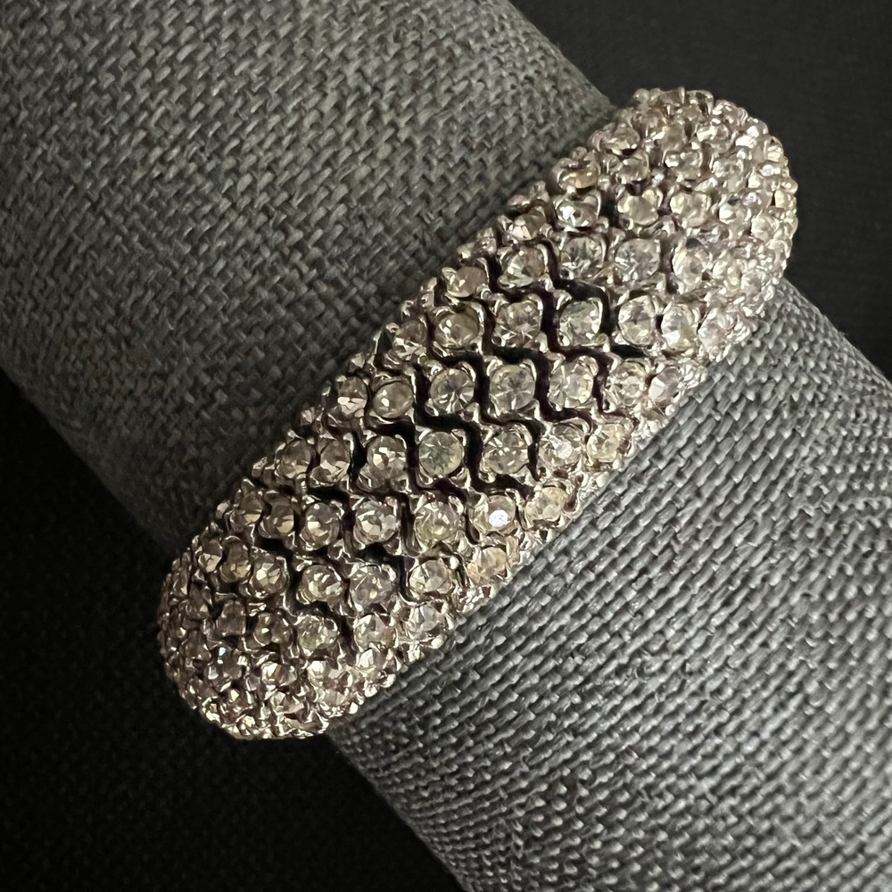 Vintage Rhinestone Silver Tone Wide Link Bracelet 7 Inch Glamcore